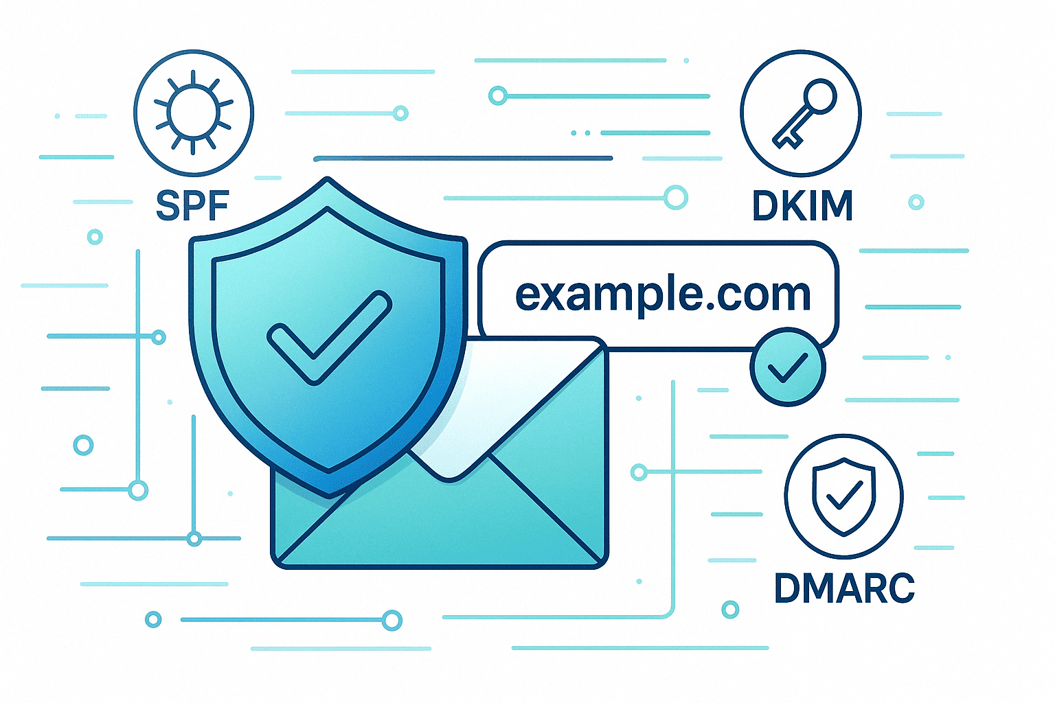 Esquema de autenticación de correos con DMARC, SPF y DKIM sobre un dominio protegido