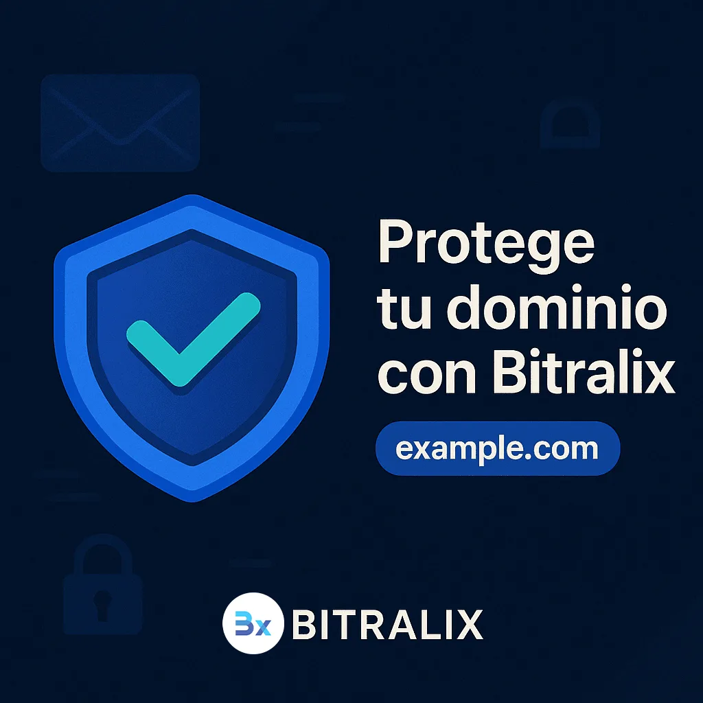 Imagen cuadrada con escudo de seguridad y texto promocional de Bitralix para protección de dominios