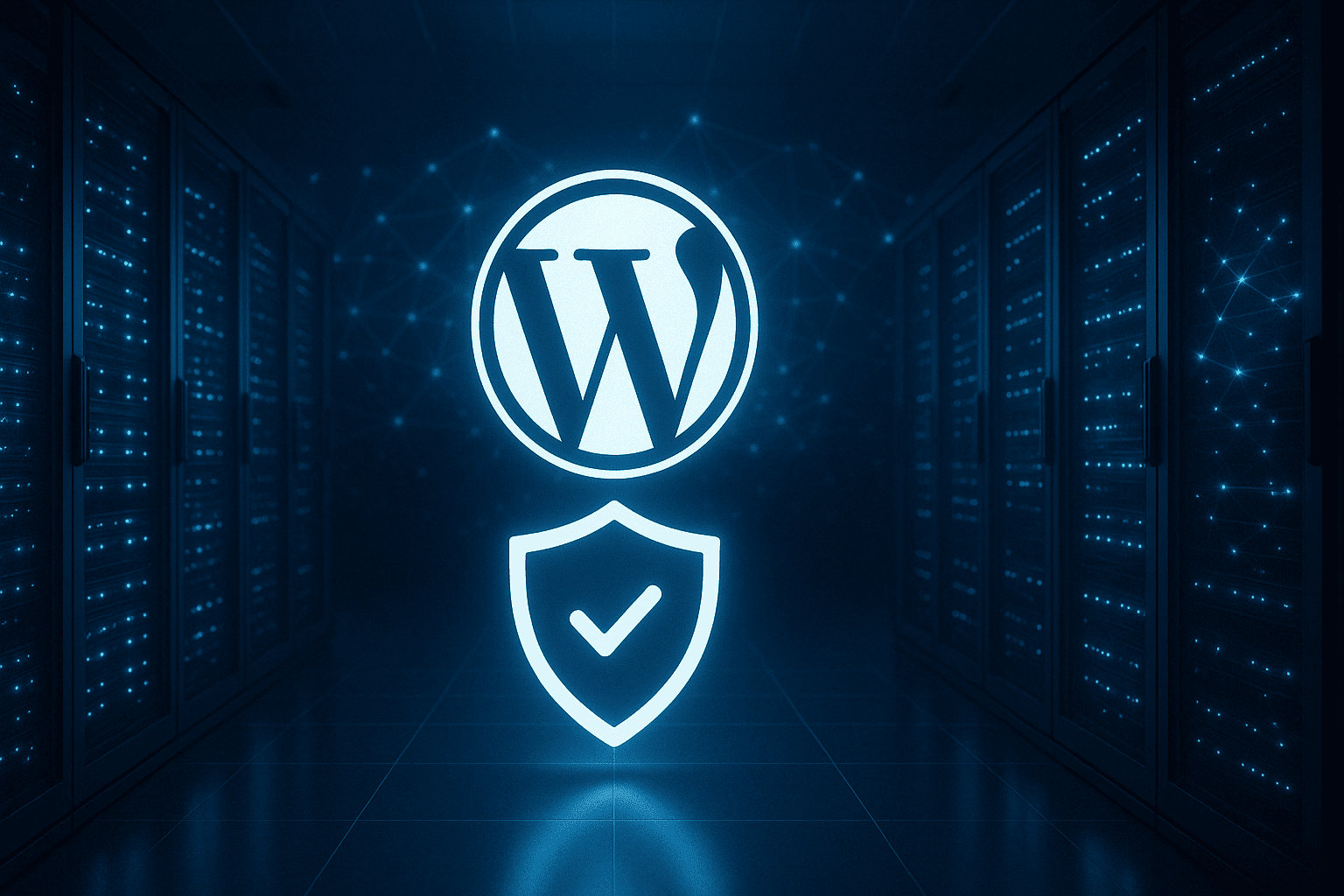Servidor de hosting con logotipo de WordPress protegido por un escudo, representando seguridad y soporte especializado.