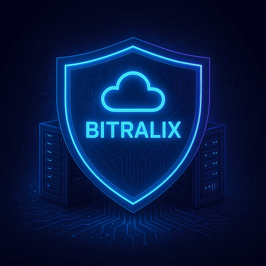 Escudo digital futurista protegiendo servidores y datos en la nube