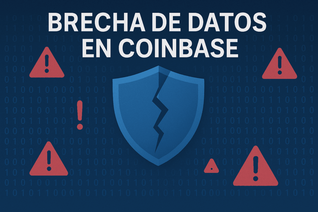 Visual de una brecha de datos en Coinbase con símbolos de alerta y escudo de seguridad roto