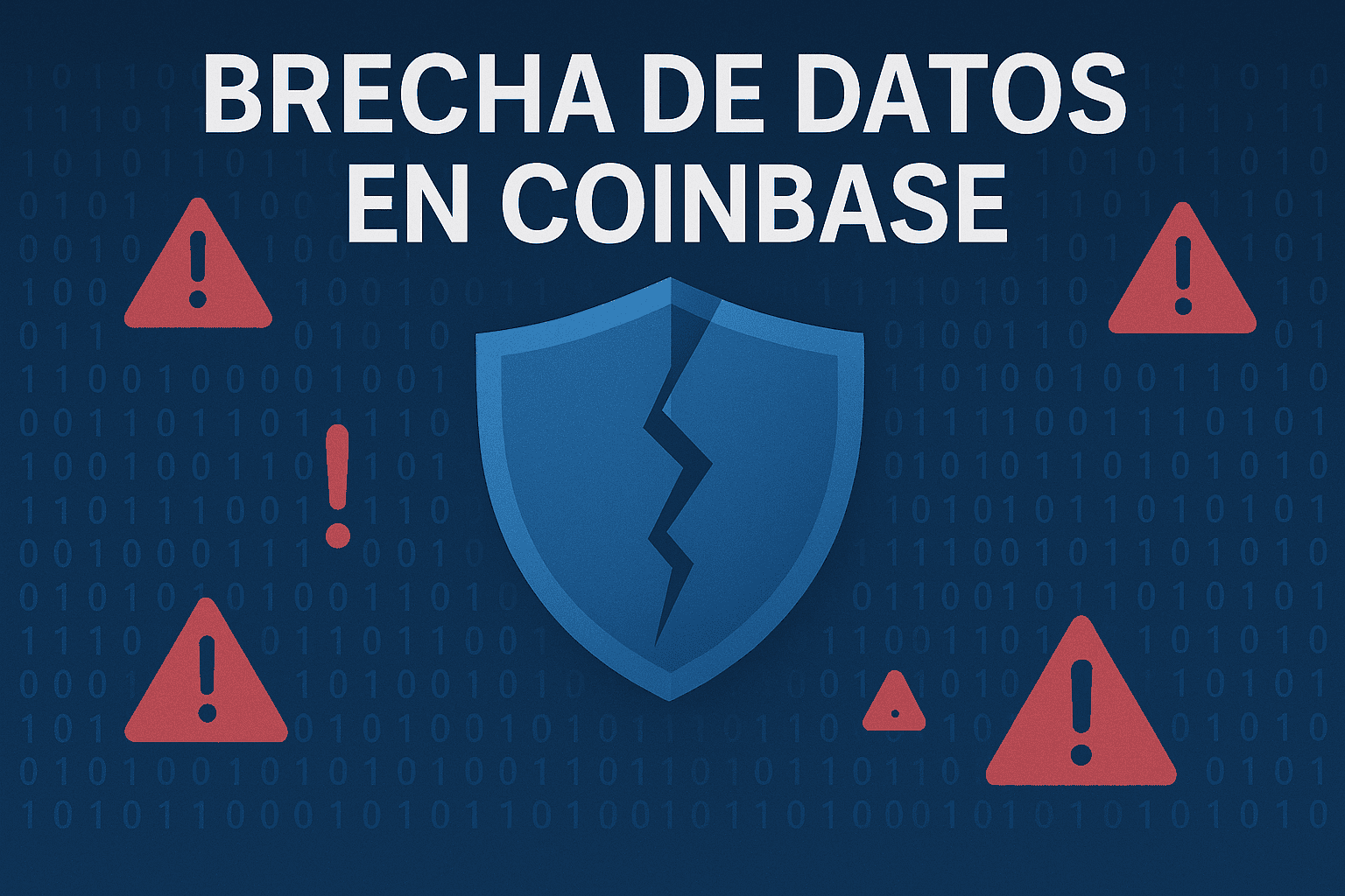 Visual de una brecha de datos en Coinbase con símbolos de alerta y escudo de seguridad roto
