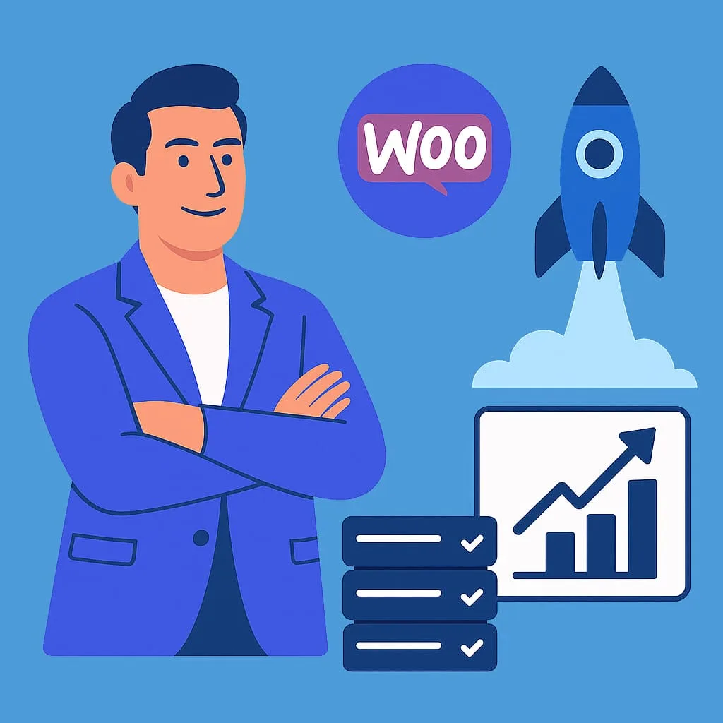Ilustración de un emprendedor lanzando su tienda online con WooCommerce, gráficos de crecimiento y servidor optimizado para alto rendimiento