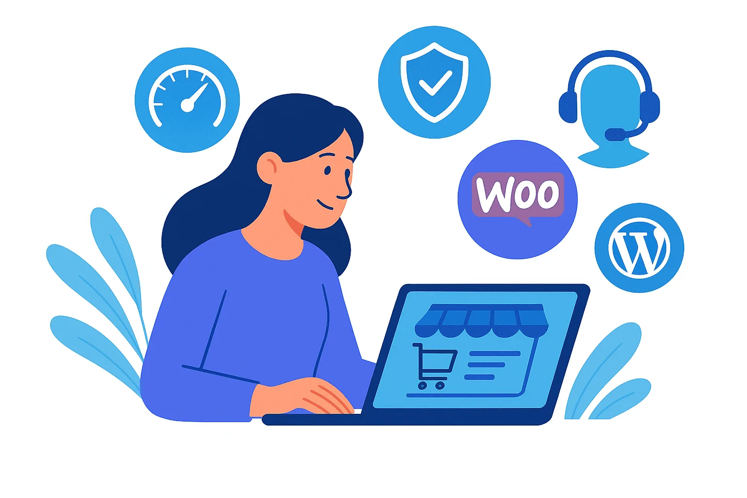 Ilustración de una mujer gestionando una tienda online WooCommerce con iconos de velocidad, seguridad y soporte técnico