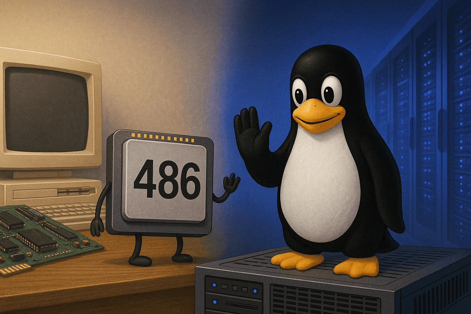 Tux se despide del procesador Intel 486 frente a un fondo de evolución tecnológica