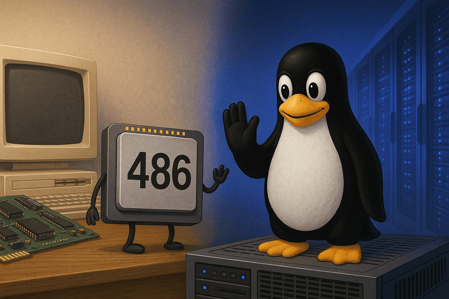 Tux se despide del procesador Intel 486 frente a un fondo de evolución tecnológica