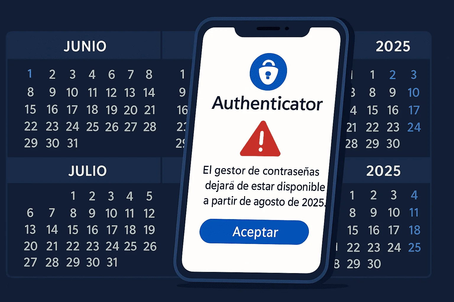Ilustración de un smartphone con Microsoft Authenticator mostrando advertencia sobre la eliminación del gestor de contraseñas, con un calendario destacando fechas clave