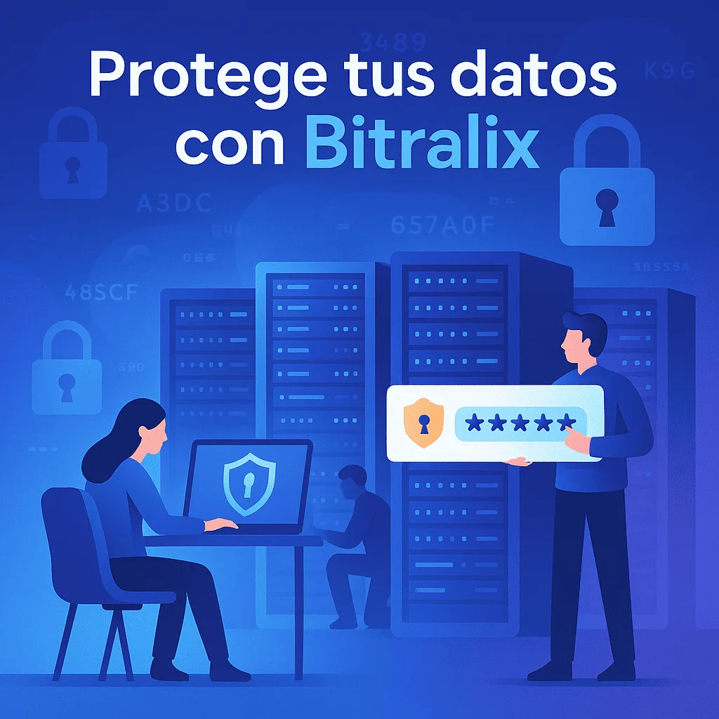 Ilustración de un servidor seguro con protección de datos y personal técnico trabajando