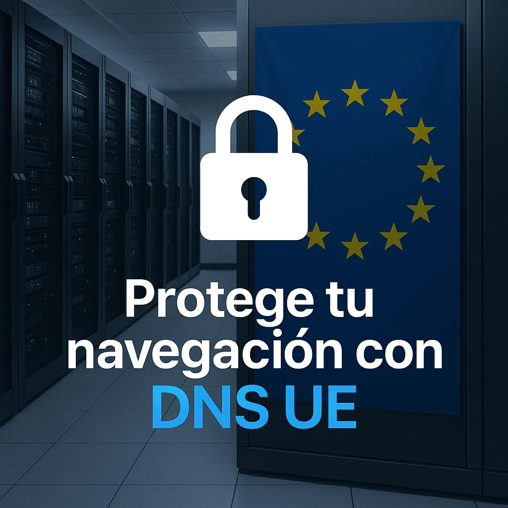 Servidor seguro con bandera de la Unión Europea representando la protección del DNS UE