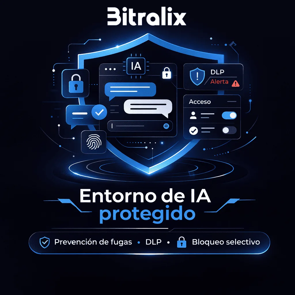 Entorno de IA protegido por Bitralix con DLP y bloqueo selectivo