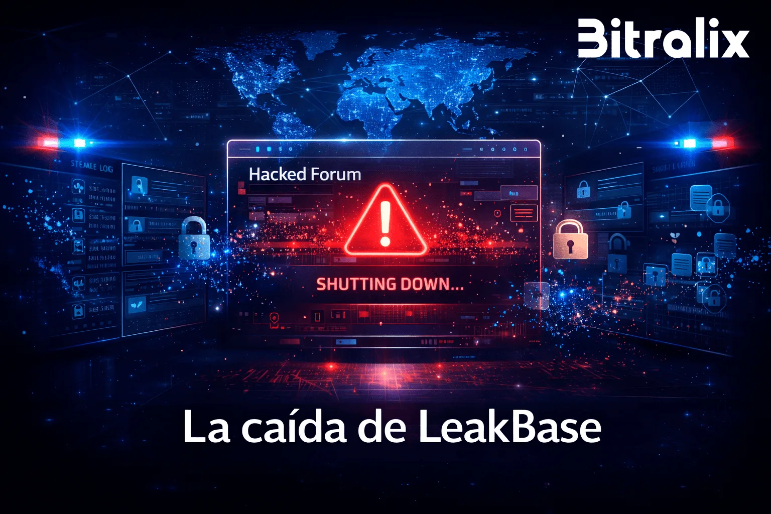 Ilustración sobre la caída de LeakBase y el cierre de un foro de datos robados.