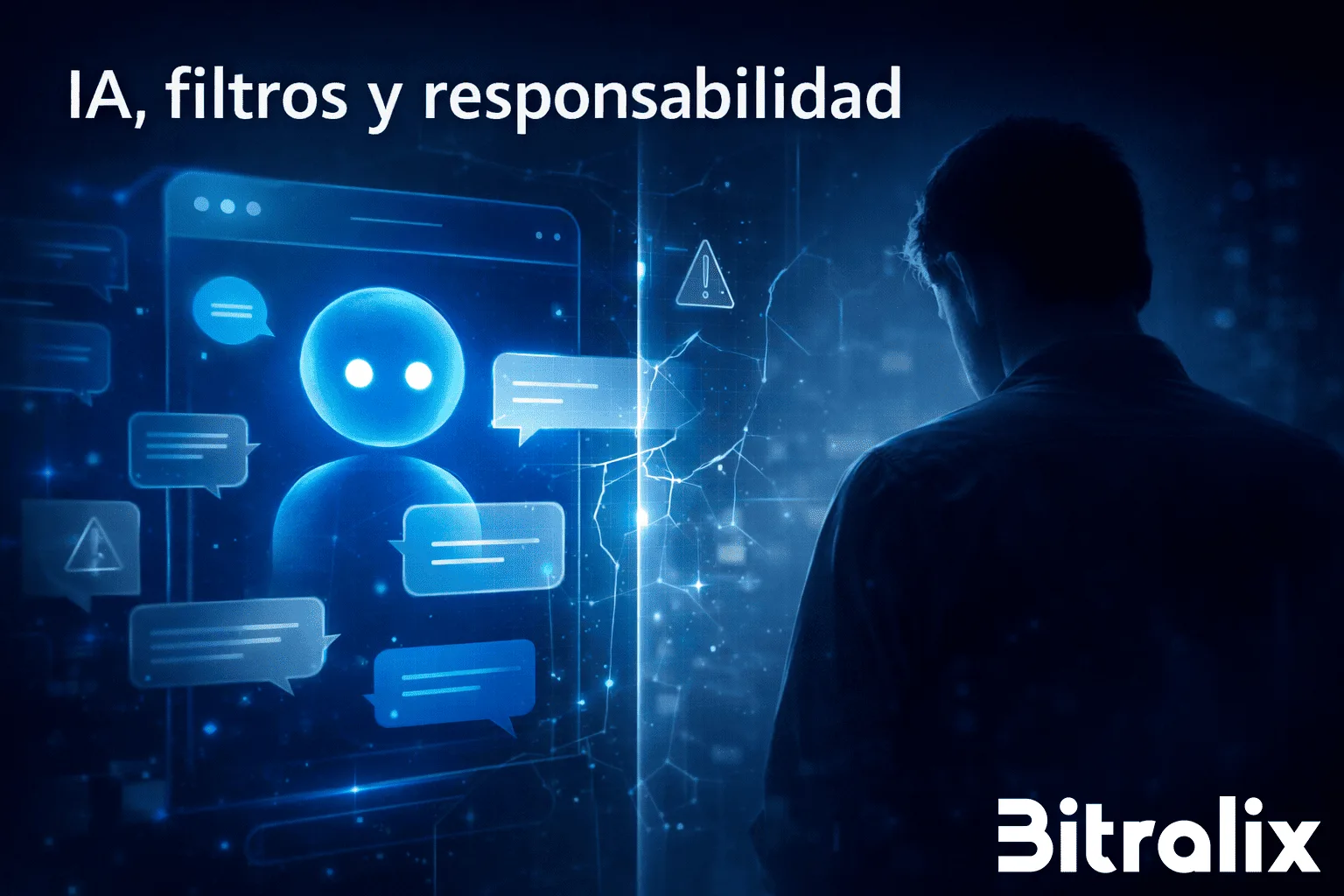 Ilustración editorial sobre un hombre que se suicida tras enamorarse de una IA y el debate sobre los filtros de seguridad