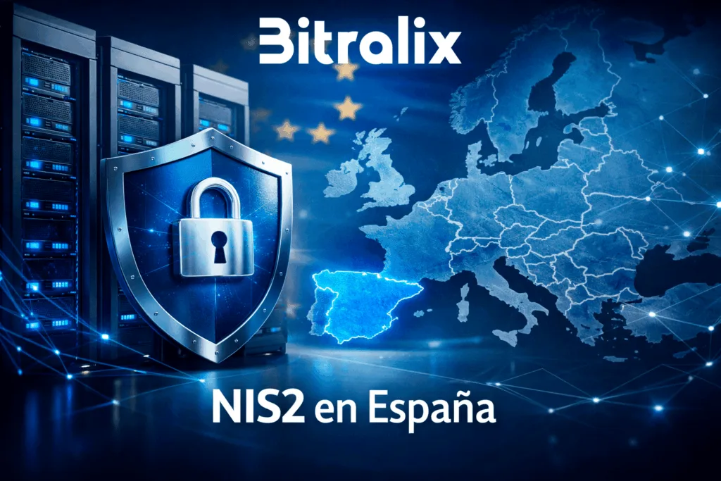 La UE denuncia el retraso de NIS2 en España en un entorno visual de ciberseguridad y hosting empresarial.