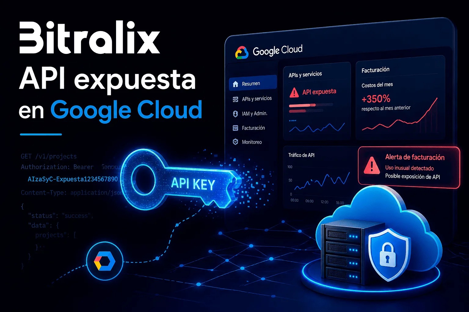 API expuesta en Google Cloud con clave digital, alerta de facturación y protección cloud para evitar cargos inesperados.