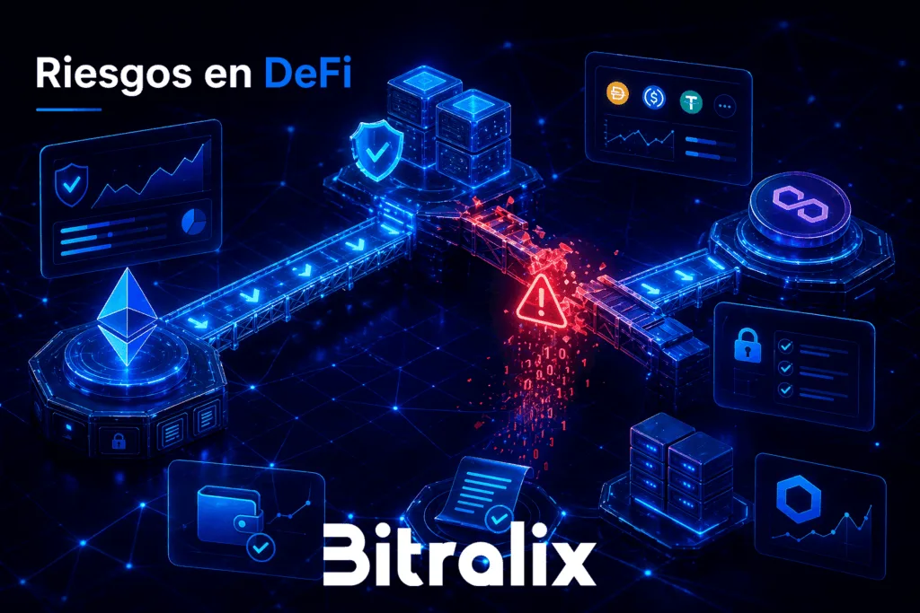 Ilustración sobre fallos de seguridad en DeFi y hackeos en puentes intercadena.