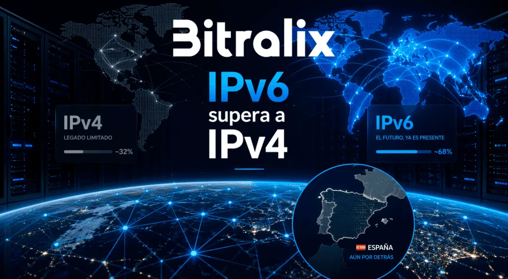 IPv6 supera a IPv4 en una ilustración de infraestructura cloud y hosting de Bitralix