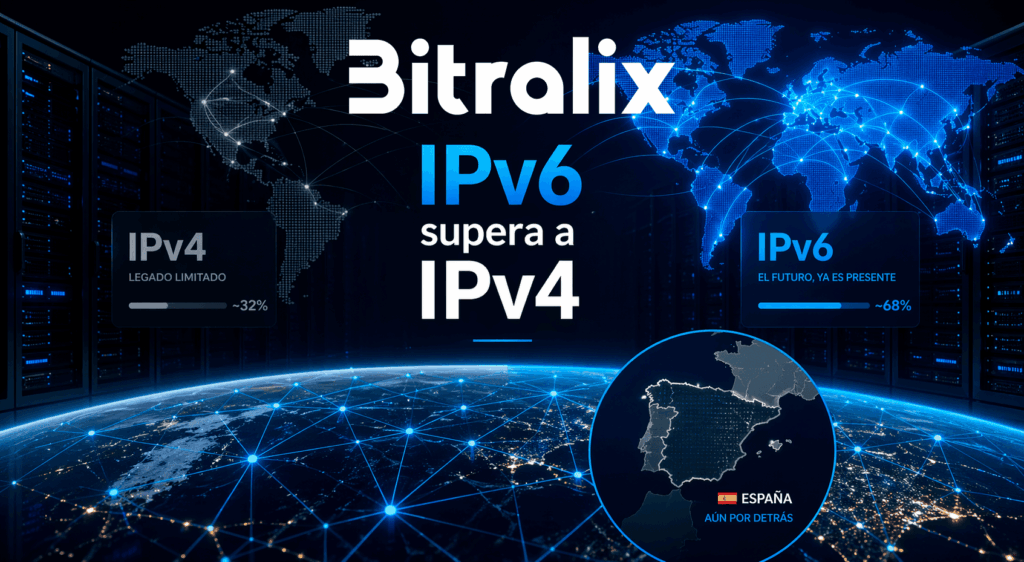 IPv6 supera a IPv4 en una ilustración de infraestructura cloud y hosting de Bitralix