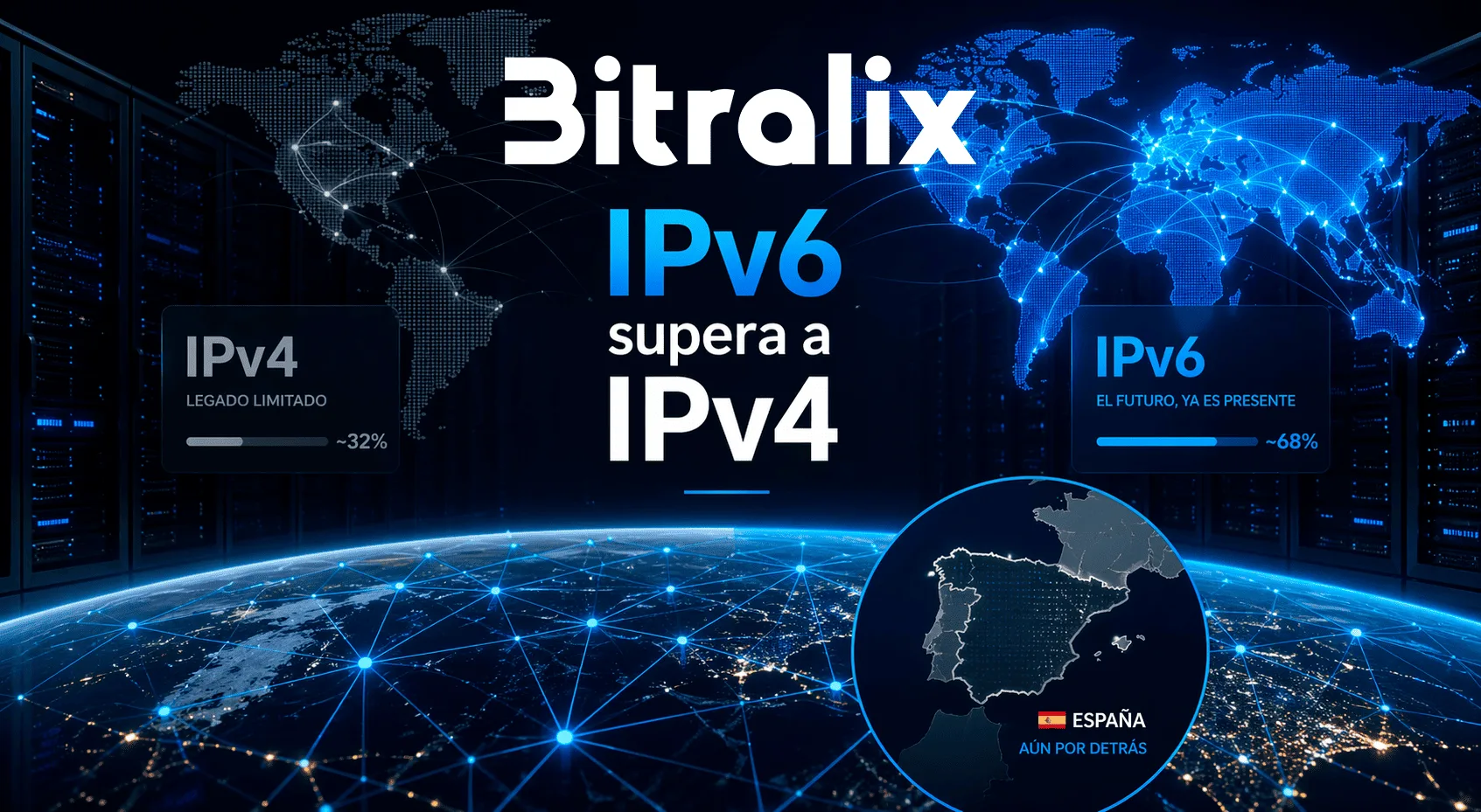 IPv6 supera a IPv4 en una ilustración de infraestructura cloud y hosting de Bitralix
