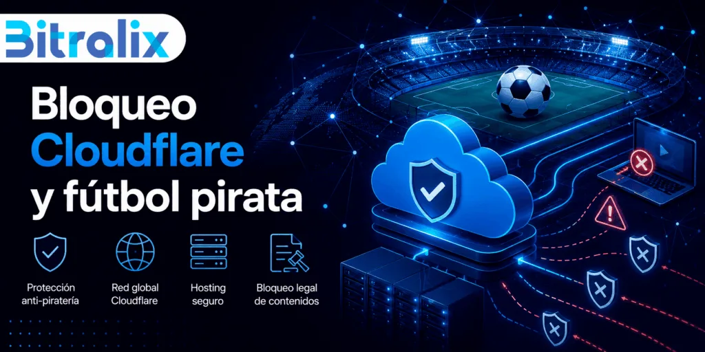 Bloqueo Cloudflare fútbol pirata con infraestructura web, CDN y seguridad de hosting