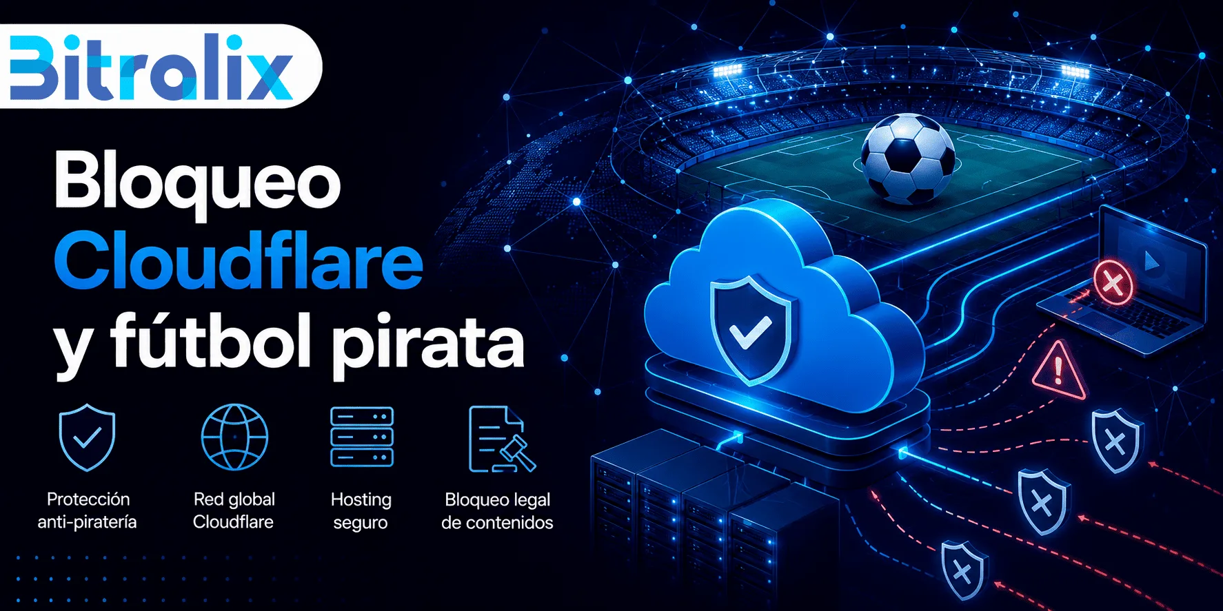 Bloqueo Cloudflare fútbol pirata con infraestructura web, CDN y seguridad de hosting