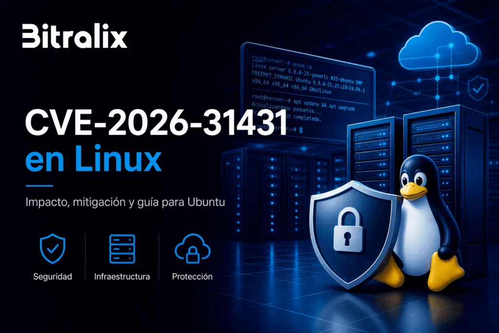 Imagen destacada sobre la vulnerabilidad CVE-2026-31431 en Linux y su impacto en hosting y Ubuntu Server