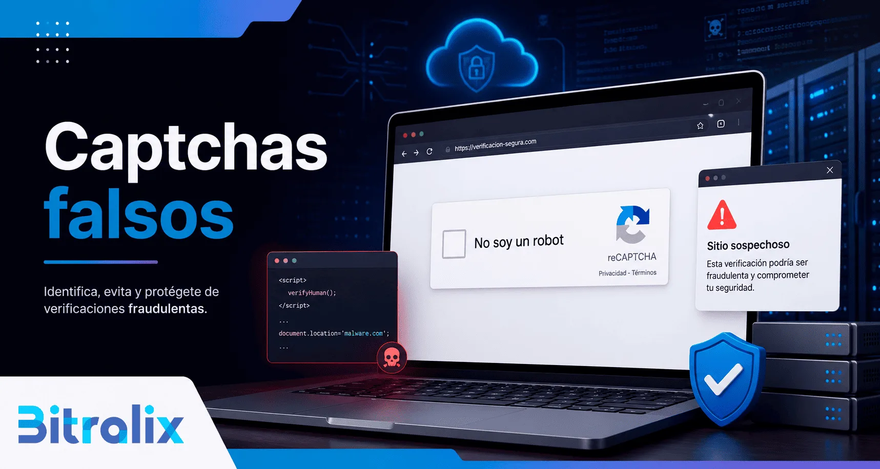 Captchas falsos en una pantalla de ordenador con alerta de seguridad y elementos de hosting seguro