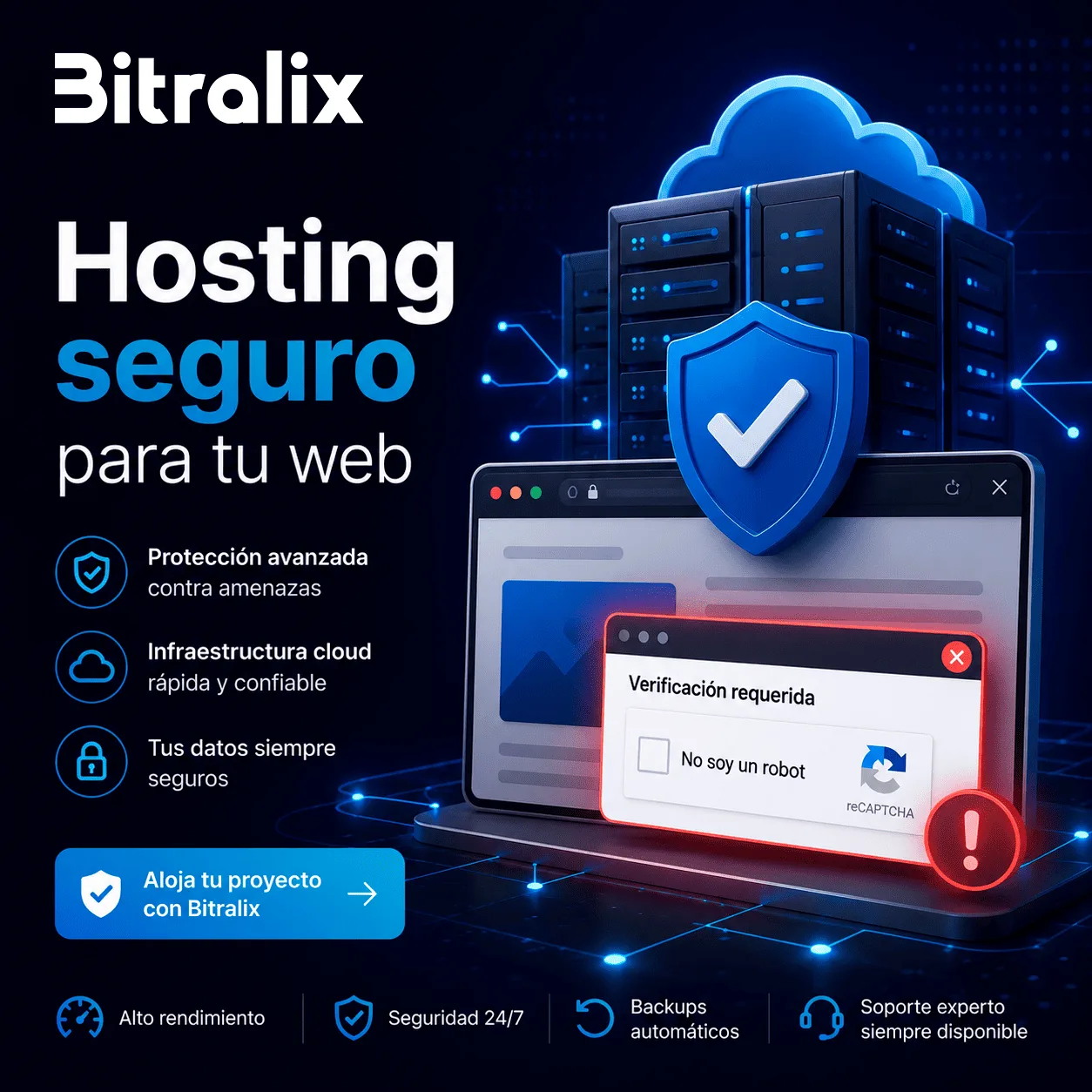 Hosting seguro de Bitralix para proteger una web frente a captchas falsos y amenazas online