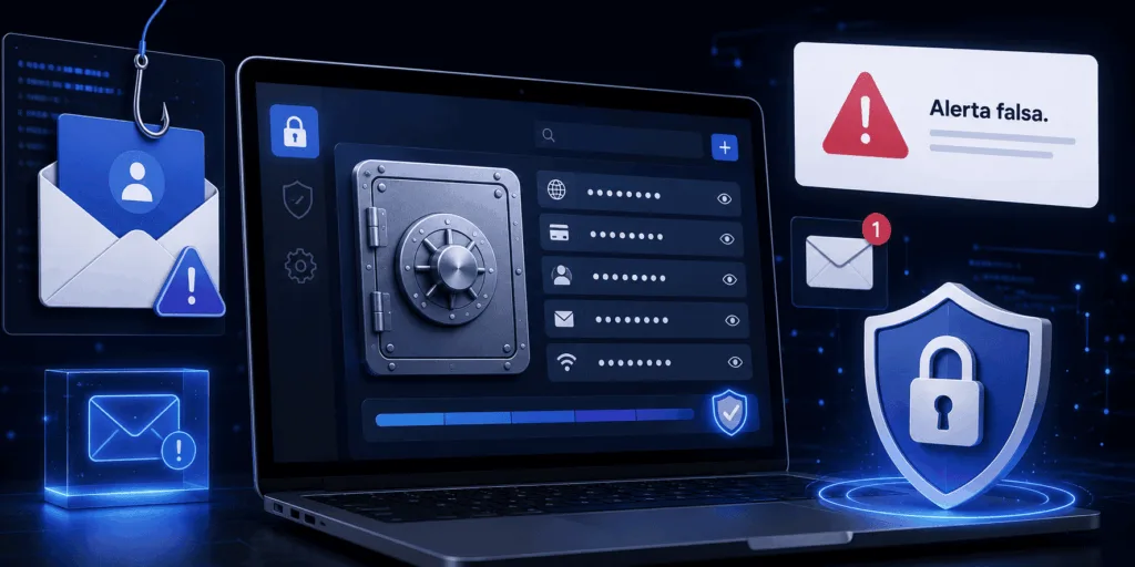 Alertas de seguridad falsas de LastPass y Bitwarden en una pantalla con aviso de phishing