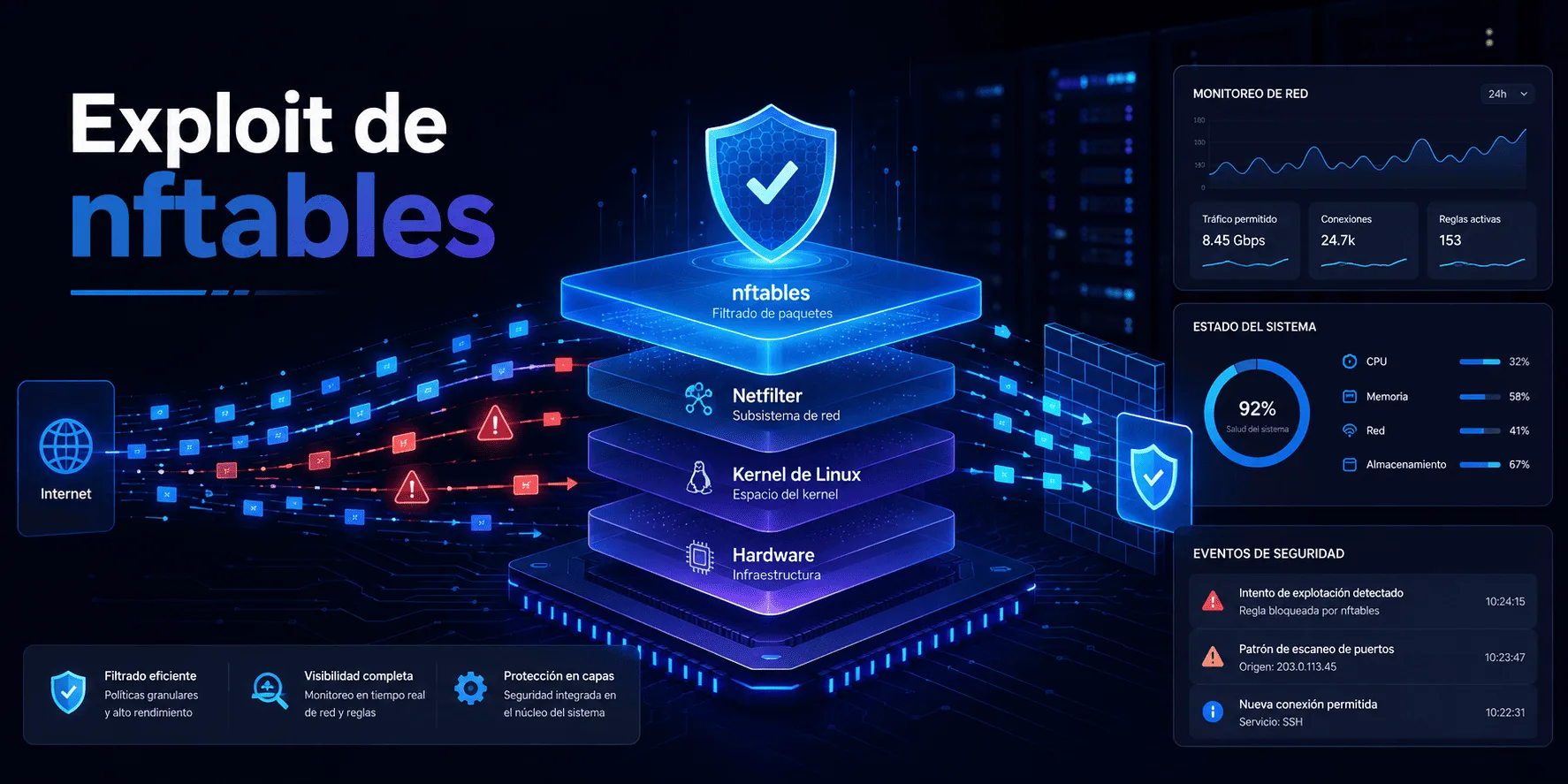 Exploit de nftables en Linux representado con servidores, firewall y alertas de seguridad