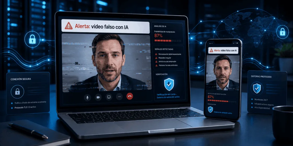 Estafa con vídeos de IA representada en una pantalla con señales de alerta digital