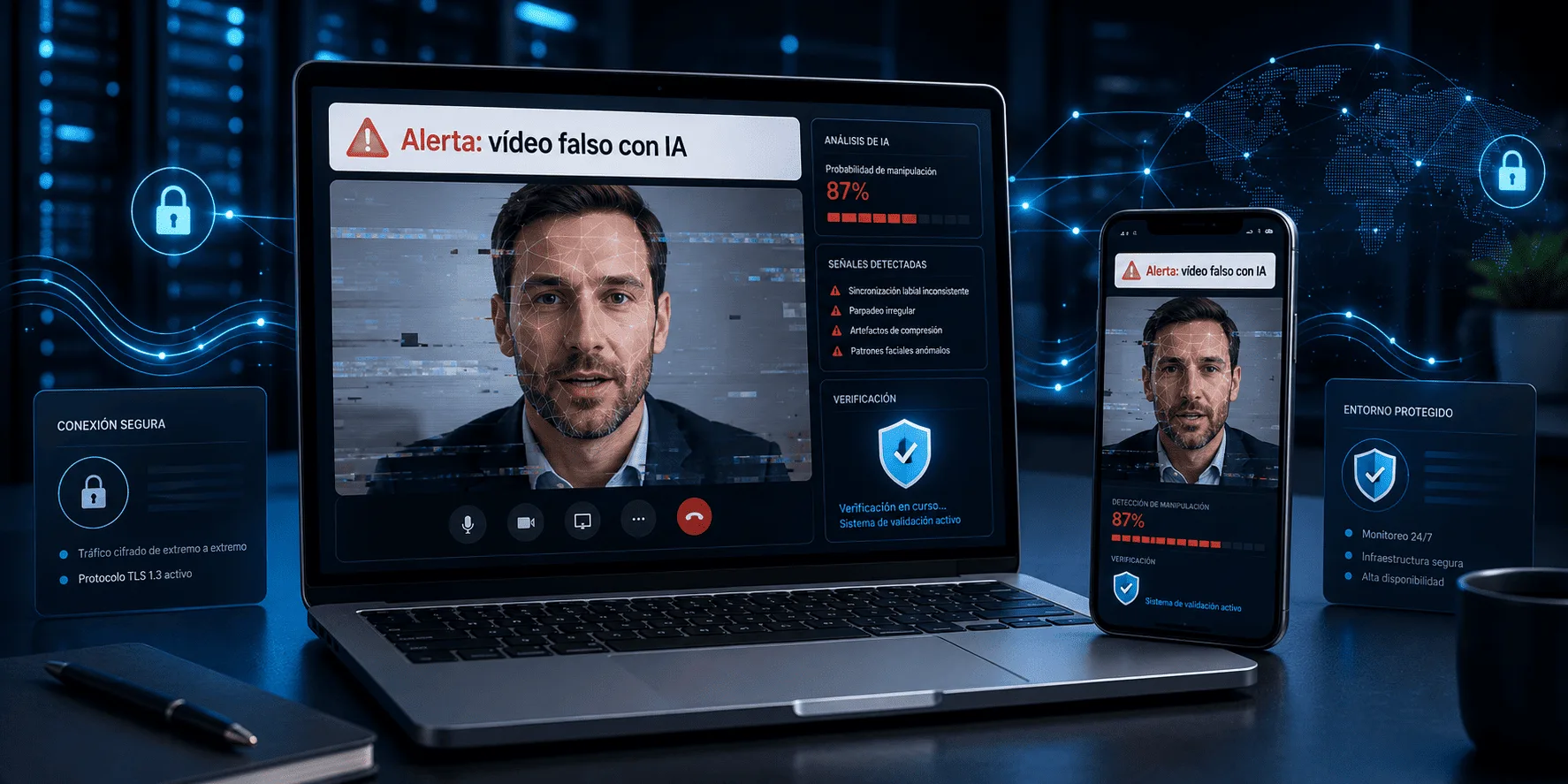 Estafa con vídeos de IA representada en una pantalla con señales de alerta digital