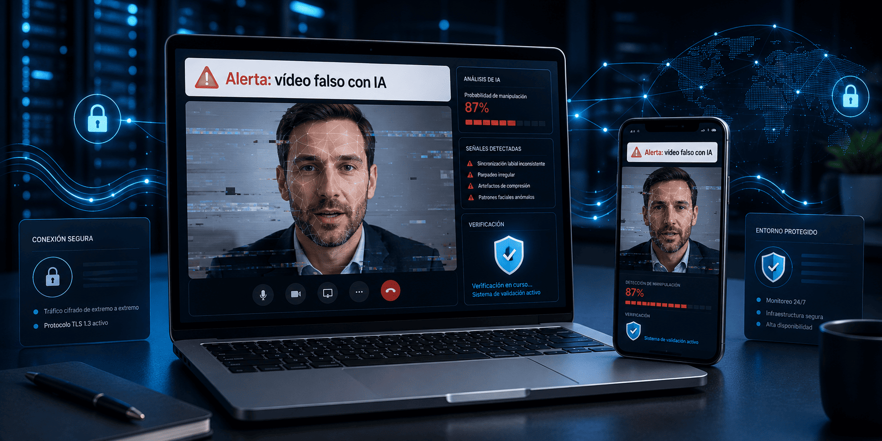 Estafa con vídeos de IA representada en una pantalla con señales de alerta digital