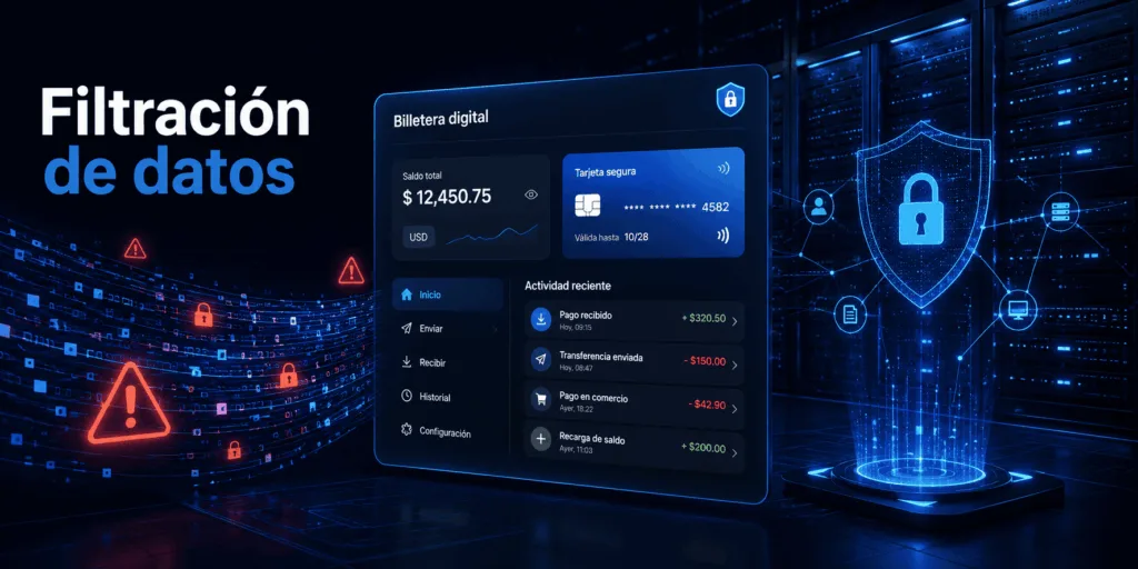 Filtración de datos SafePal 2026 representada con una cartera digital, alertas de seguridad y servidores protegidos