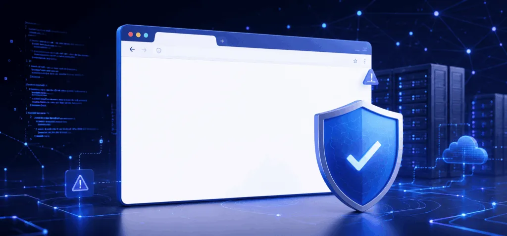 Peligros de una web vacía representados con un navegador en blanco y señales de seguridad