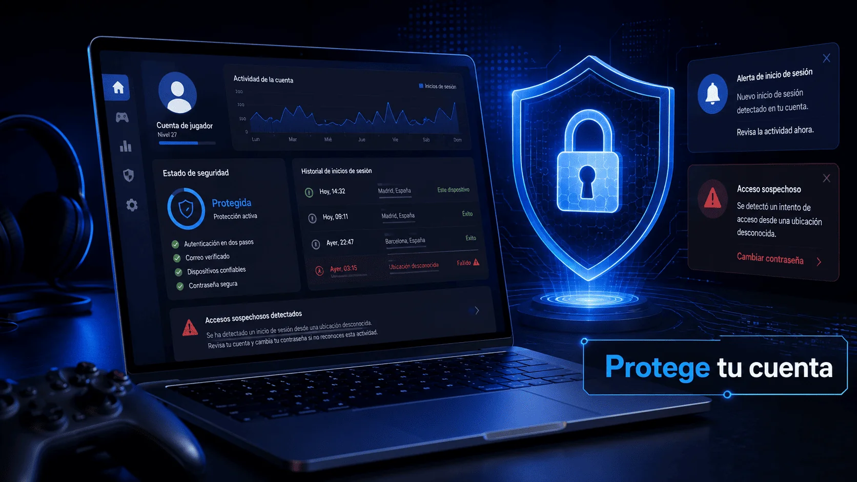 Robo de cuentas de Steam con alerta de seguridad y protección de acceso